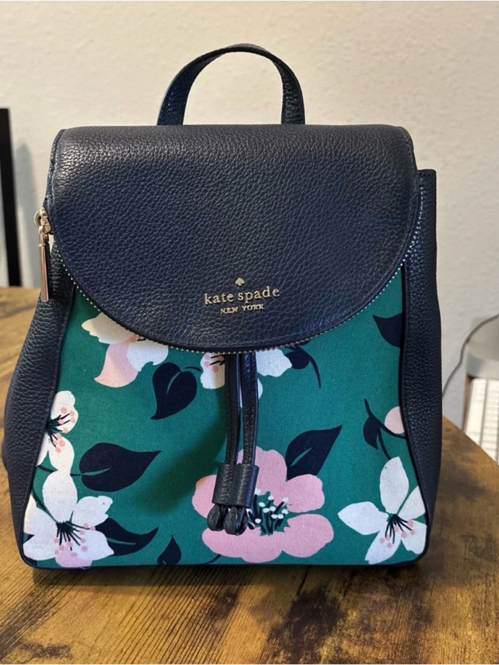 kate spade Navy Floral Green Drawstring Backpack